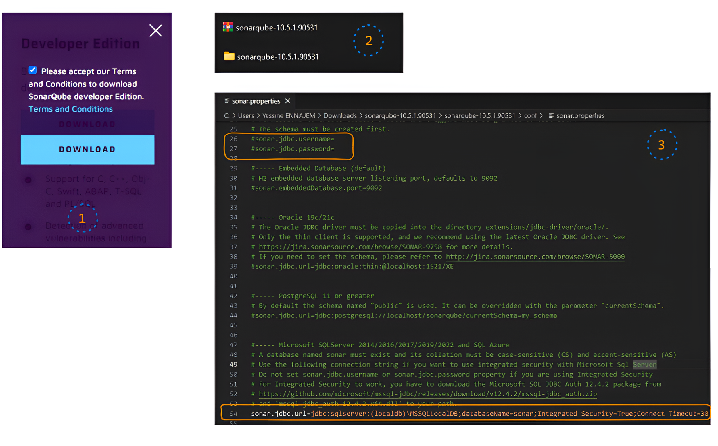 Étapes d'installation de SonarQube : Téléchargement, décompression du fichier ZIP, configuration du fichier sonar.properties