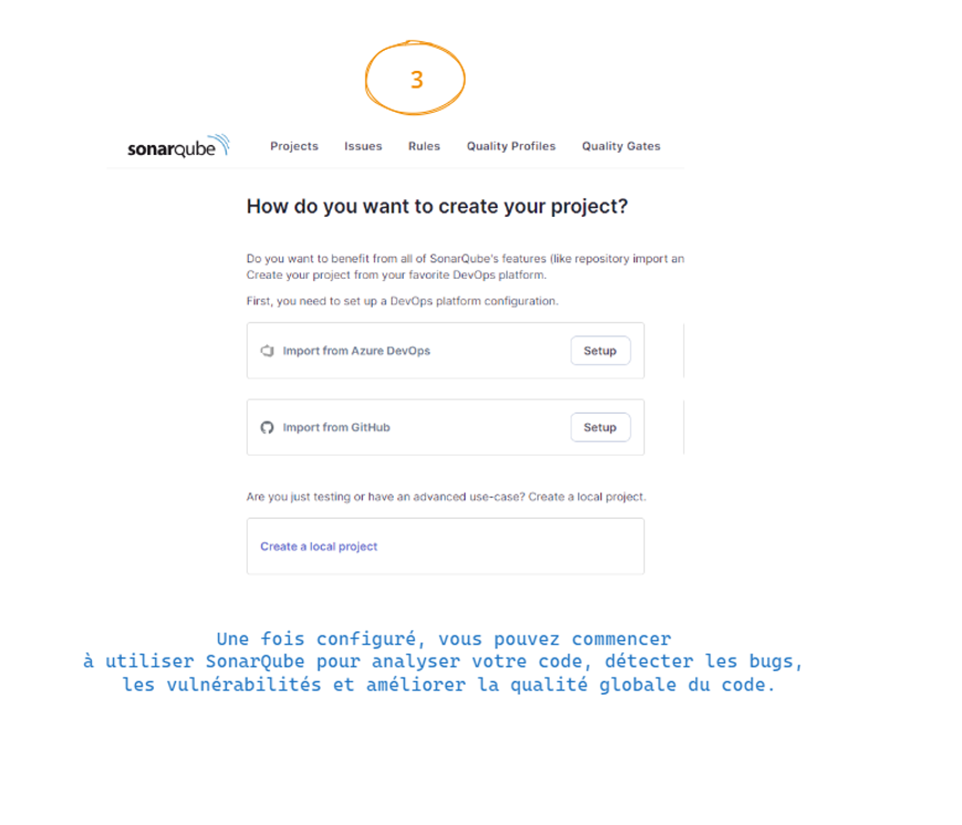 Page de démarrage pour créer un projet à scanner avec SonarQube