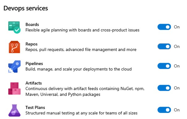 Boards, Repos, Pipelines, Articfacts et Test Plans sont les services de Azure DevOps